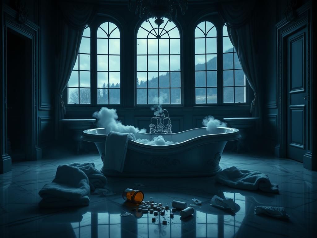 Flick International A somber, elegant bathroom scene depicting a neglected hot tub and prescription medication