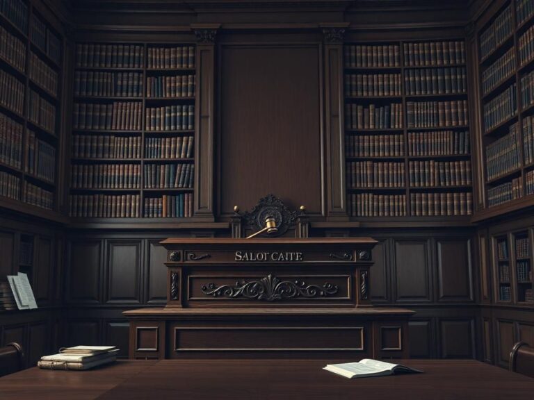 Flick International Somber courtroom scene with an imposing judge's bench and law books