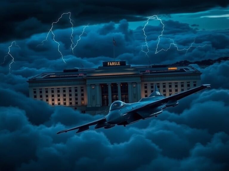 Flick International A dramatic aerial view of the Pentagon at twilight with an F-16 fighter jet in action.