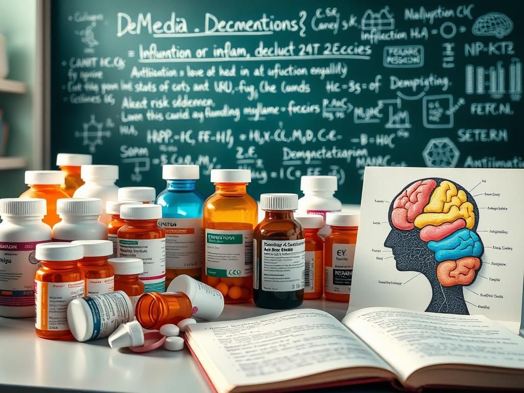 Flick International A serene laboratory with prescription medication bottles and scientific notes on dementia