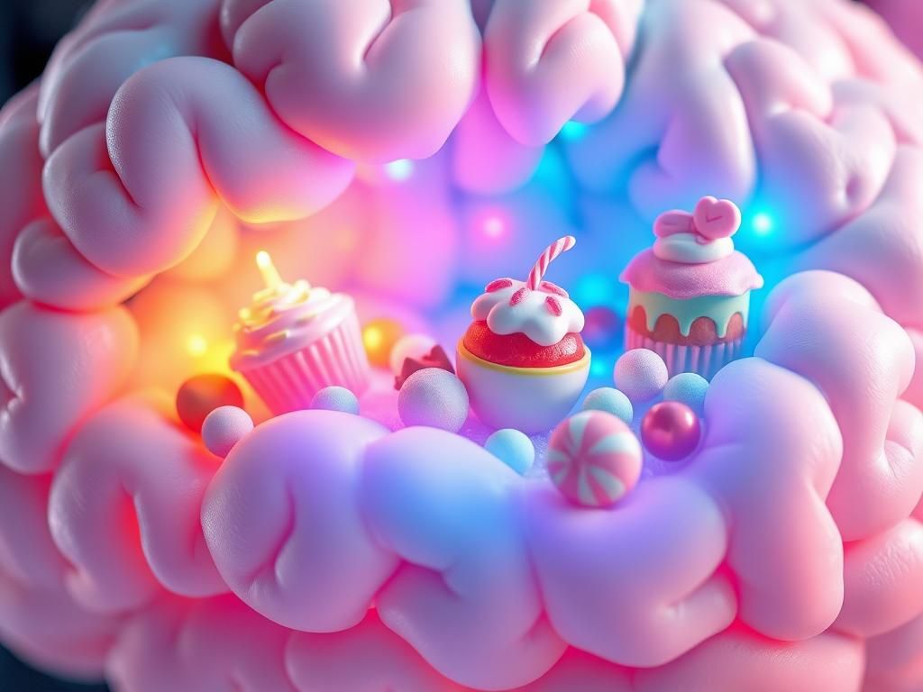 Flick International Whimsical dessert landscape integrated within a human brain illustrating sweetness and brain function