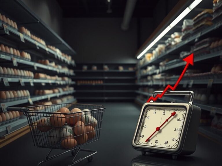 Flick International A somber supermarket scene showcasing empty shelves and rising prices