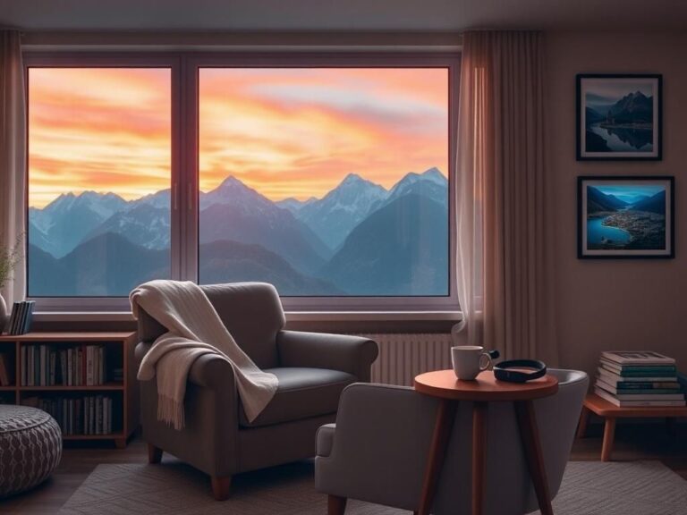 Flick International Cozy living room with a virtual reality headset and scenic view of the Swiss Alps