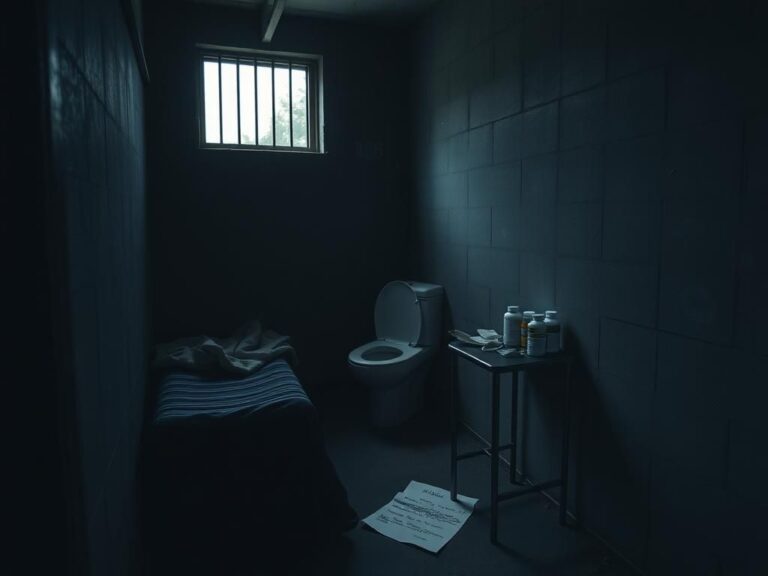 Flick International Somber interior of a prison cell with a narrow cot and barred window