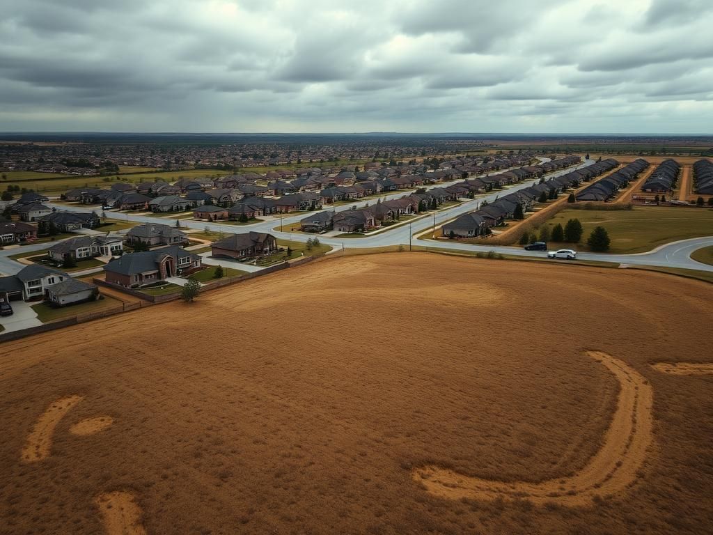 Flick International Aerial view of Colony Ridge housing development with law enforcement presence