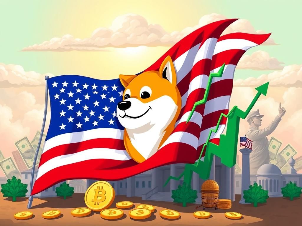 Flick International Digital illustration of American flag and Dogecoin logo