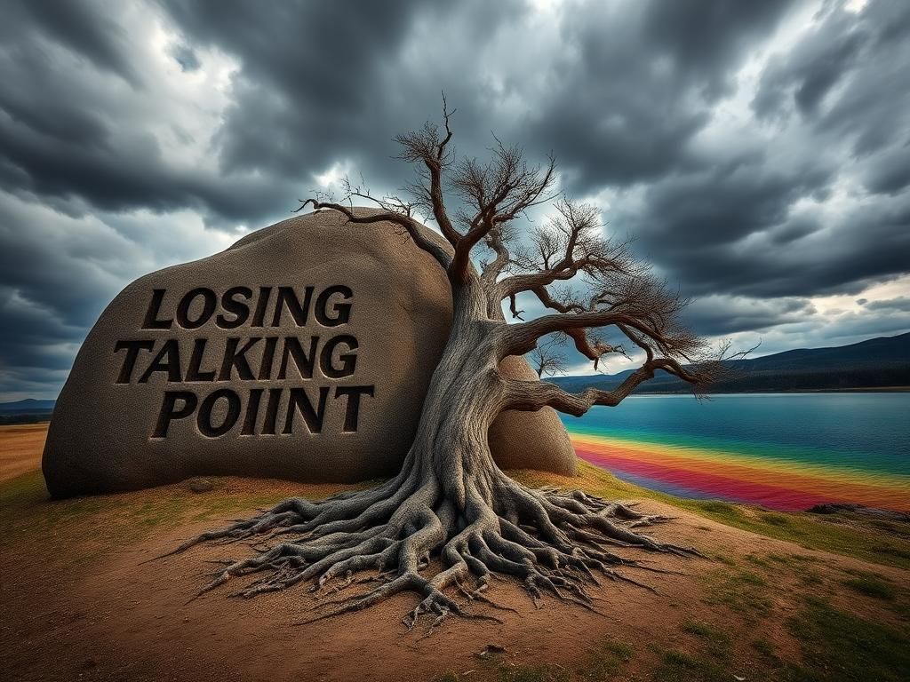 Flick International A weathered stone hill inscribed with 'Losing Talking Point' set against a stormy sky, symbolizing the debate on trans athletes.