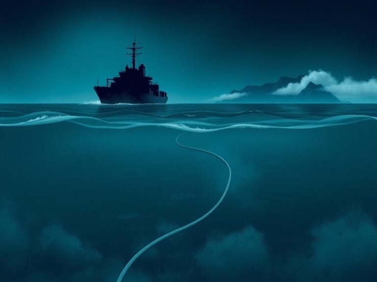 Flick International A dramatic seascape featuring an undersea fiber optic cable with the shadow of a vessel above it