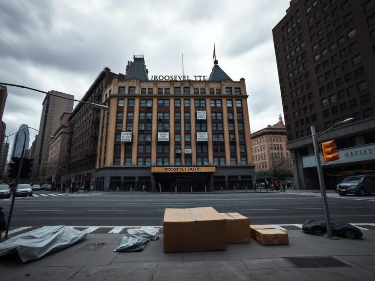 Flick International Roosevelt Hotel facade with closed signs symbolizing migrant shelter closure