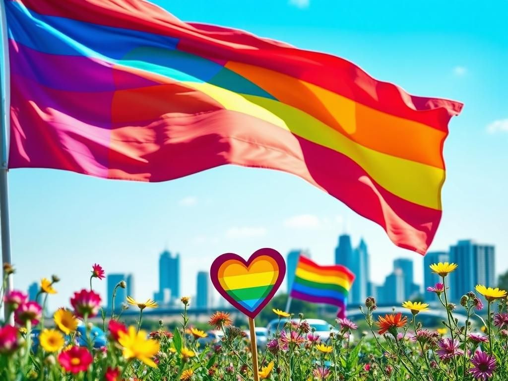 Flick International Vibrant rainbow flag waving against urban skyline symbolizing LGBT pride