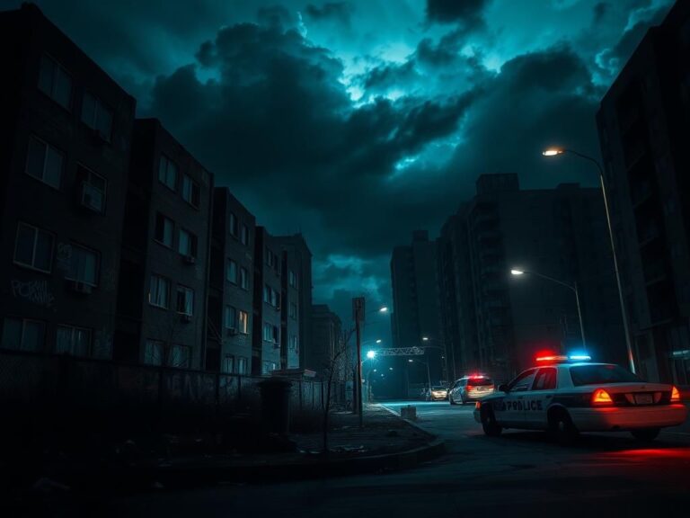 Flick International dark cityscape at night with abandoned apartment complex and police cruiser