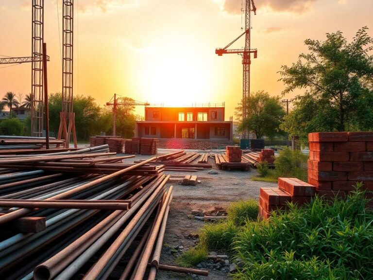 Flick International Vibrant construction site featuring steel rebar, raw lumber, and bricks at sunset