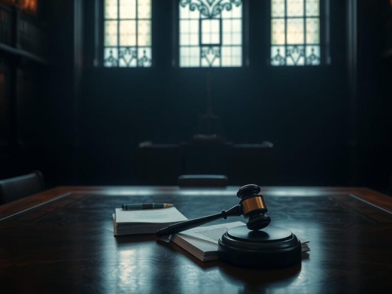 Flick International Somber courtroom scene with empty judge's bench and gavel, showcasing legal atmosphere