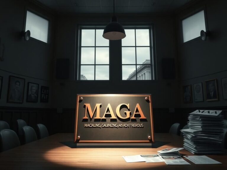 Flick International Empty city council meeting room with MAGA plaque symbolizing political tension