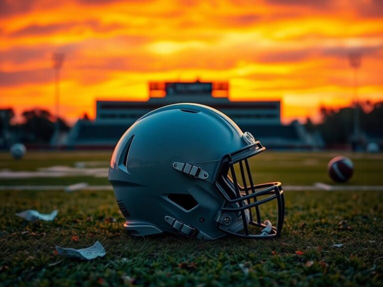 Flick International Empty football helmet on turf at sunset symbolizing Jonathan Allen's potential departure