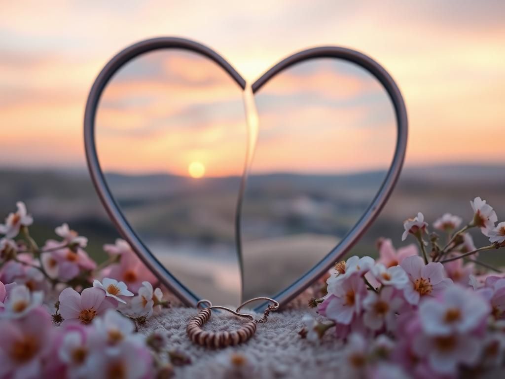 Flick International Close-up of a broken heart-shaped mirror reflecting a serene landscape