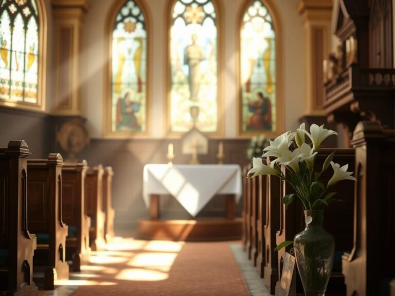 Flick International A serene and peaceful interior of a small chapel with stained glass windows and an empty altar