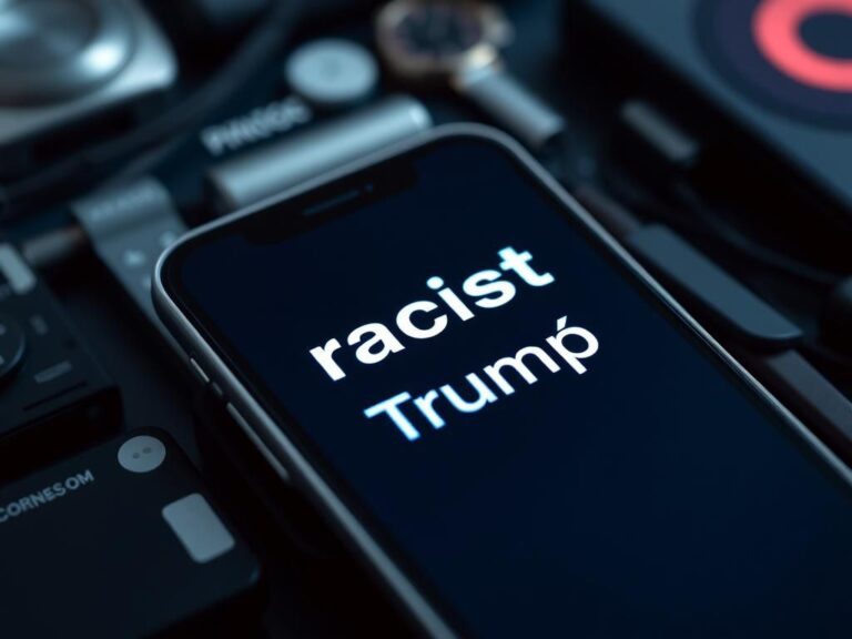 Flick International Close-up of smartphone screen showing voice-to-text feature with 'racist' and 'Trump' text flashes