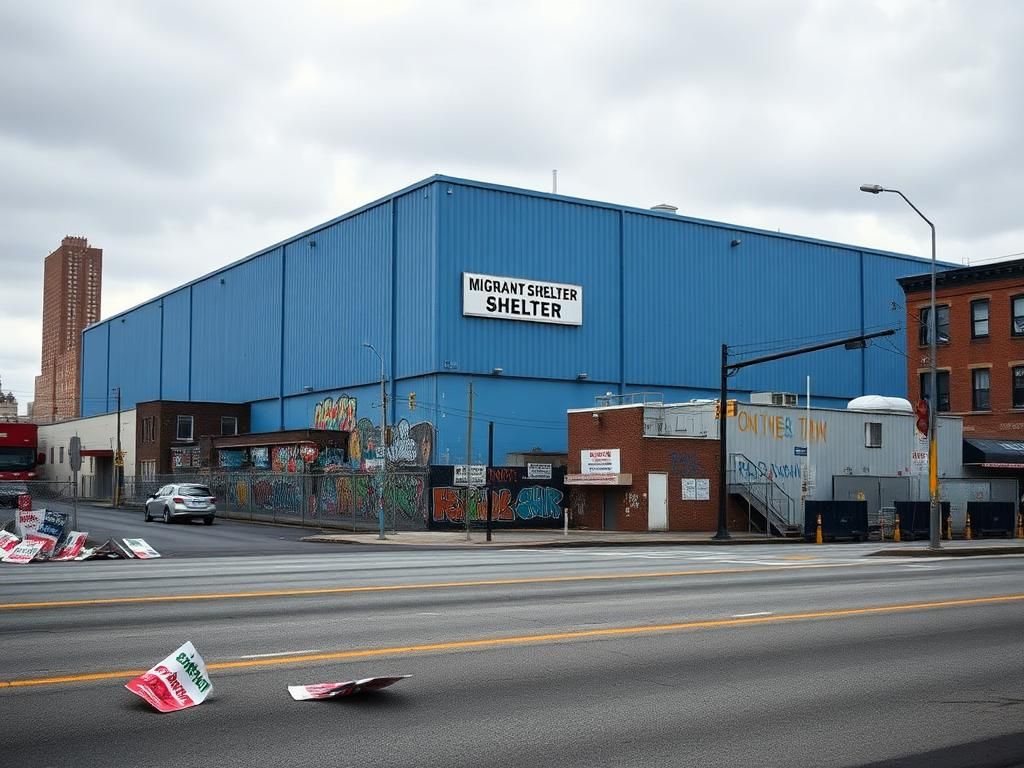 Flick International Large blue migrant shelter in the Bronx with empty street and protest signs