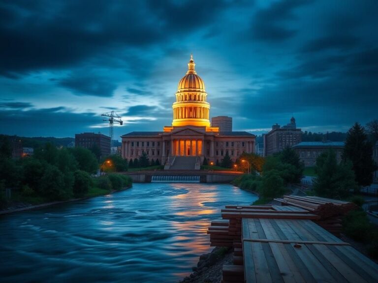 Flick International Dramatic cityscape of Harrisburg, Pennsylvania with state capitol dome lit against twilight sky