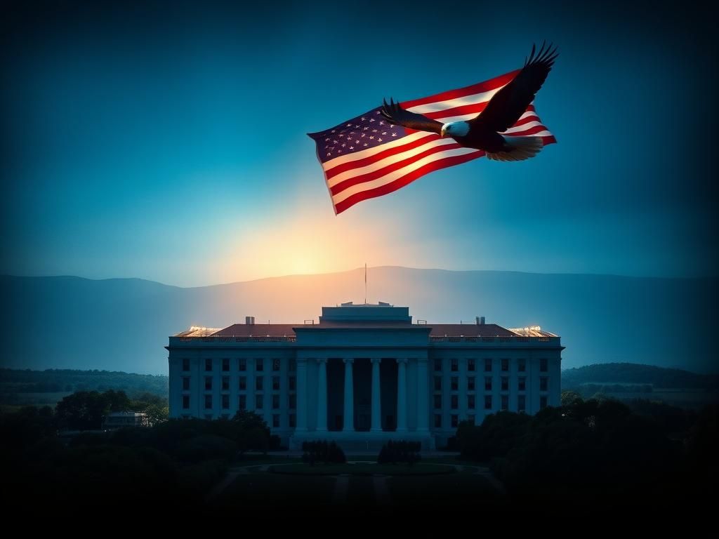 Flick International Iconic silhouette of the Pentagon with a serene landscape and American flag