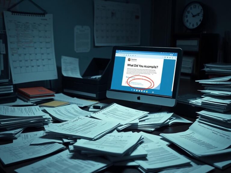 Flick International Cluttered office desk with unread email demanding weekly accomplishments