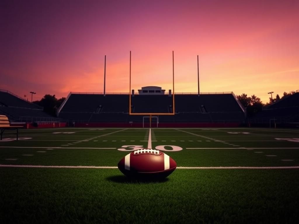 Flick International Empty football stadium at dusk with a resting football symbolizing uncertainty