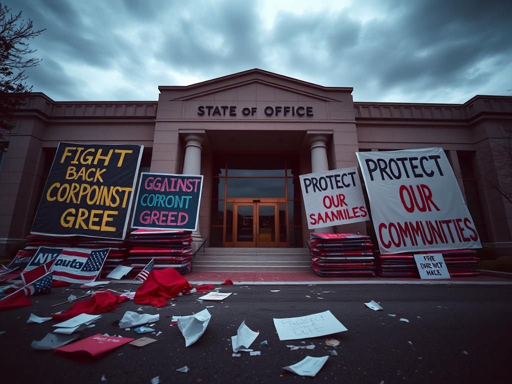 Flick International Protest scene with colorful anti-establishment signs outside a state government office building