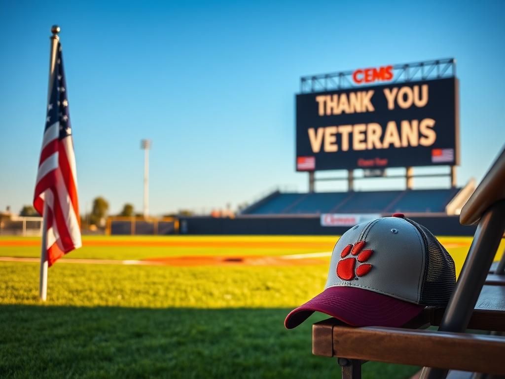 Flick International A serene baseball field at Clemson University with a waving American flag and a 'Thank You Veterans' scoreboard