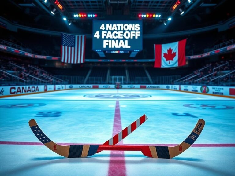 Flick International Hockey rink scene featuring illuminated scoreboard and flags representing USA and Canada