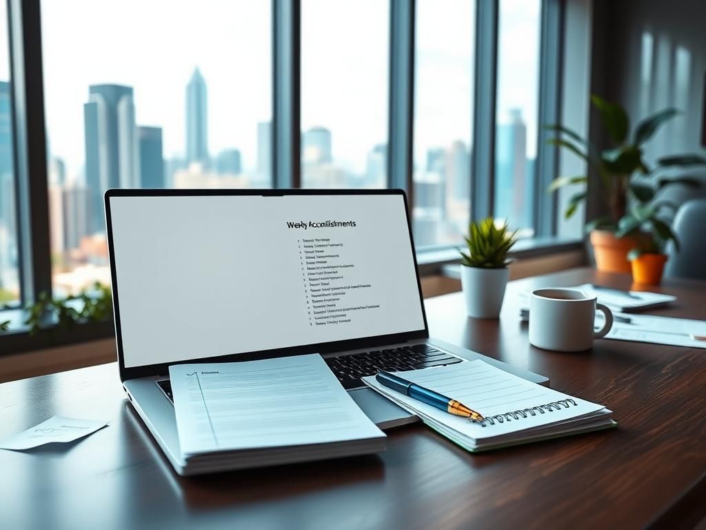 Flick International Modern office workspace with laptop open to email and checklist