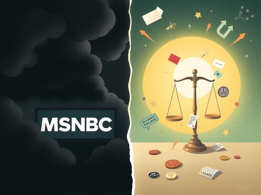 Flick International Conceptual illustration showing a split scene representing the political divide in America with MSNBC logo and symbols of fairness.