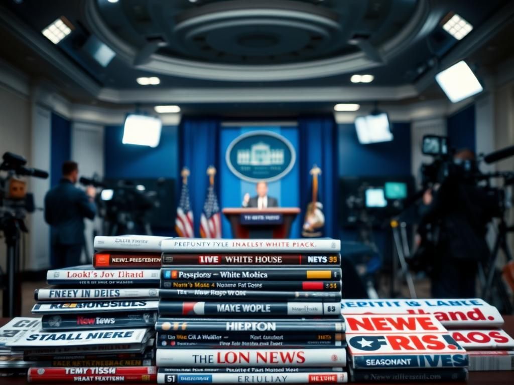 Flick International Brightly lit White House Press Briefing Room with microphones and cameras, devoid of people.