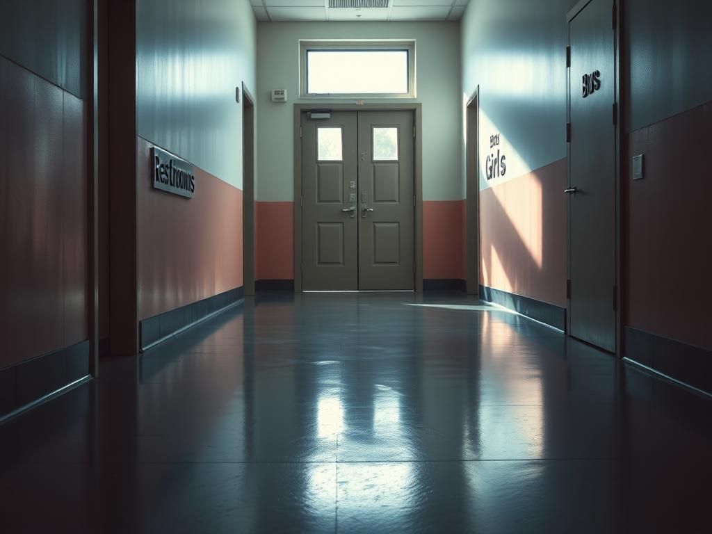 Flick International School restroom sign with distinct doors labeled 'Boys' and 'Girls' in a dimly lit hallway