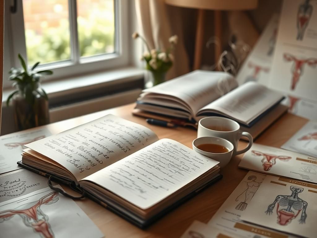 Flick International A cluttered desk with a journal and herbal tea, symbolizing a woman's journey with endometriosis