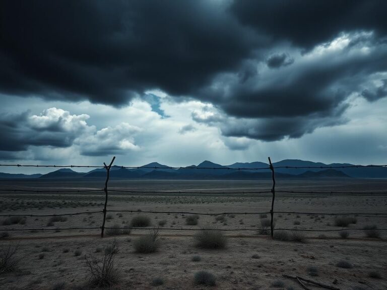 Flick International A barbed-wire fence symbolizing immigration tensions in a desolate landscape