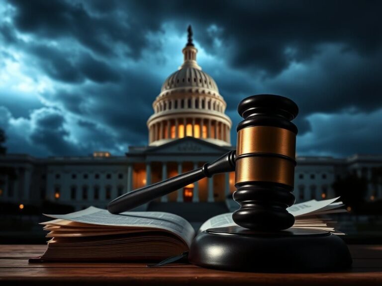 Flick International Dramatic exterior of the U.S. Capitol building under a stormy sky with a silhouette of a gavel and legal documents in the foreground.