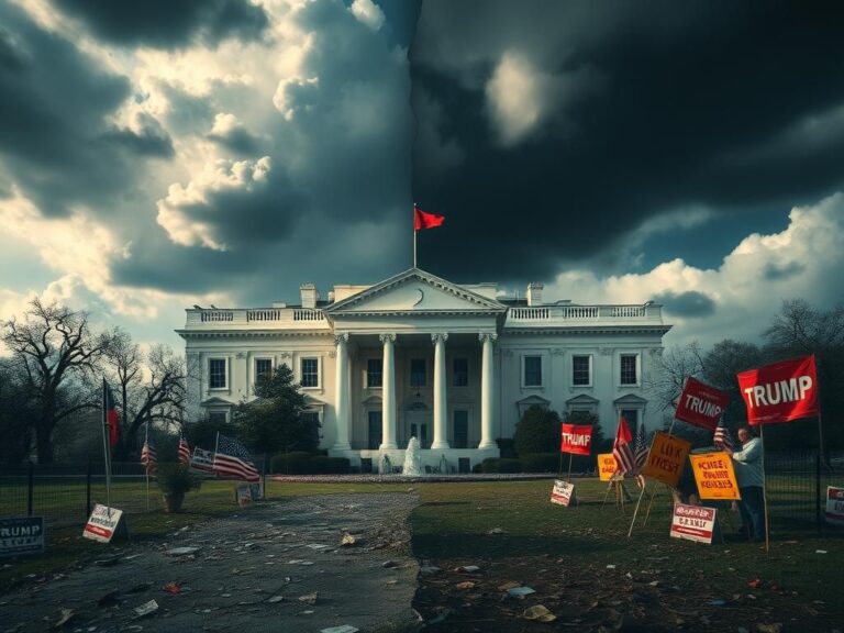 Flick International A dramatic depiction of a crumbling White House symbolizing political turmoil and division