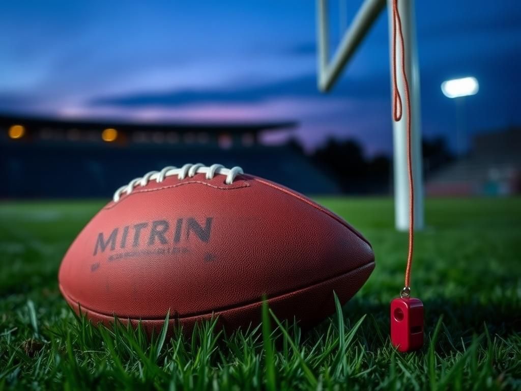 Flick International Close-up of a well-worn football on grass under a twilight sky