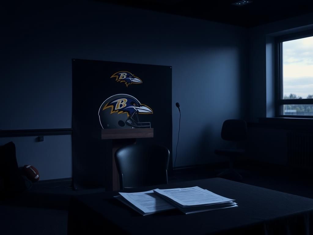 Flick International Dimly lit press conference room with Baltimore Ravens logo backdrop