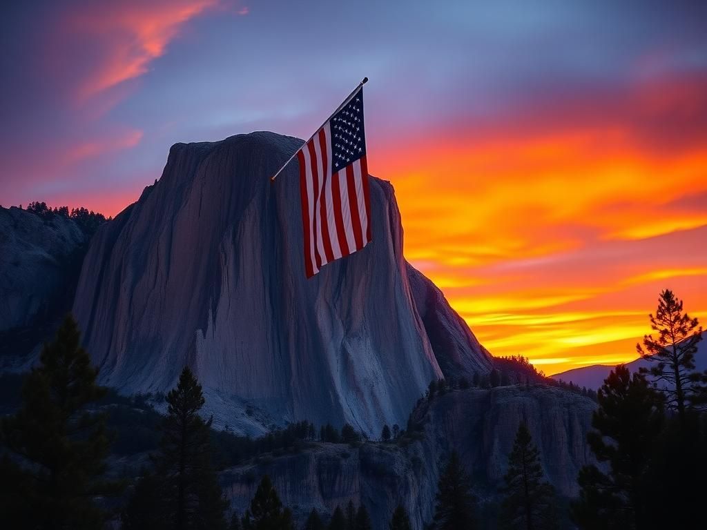 Flick International Upside down American flag hanging from El Capitan in Yosemite National Park