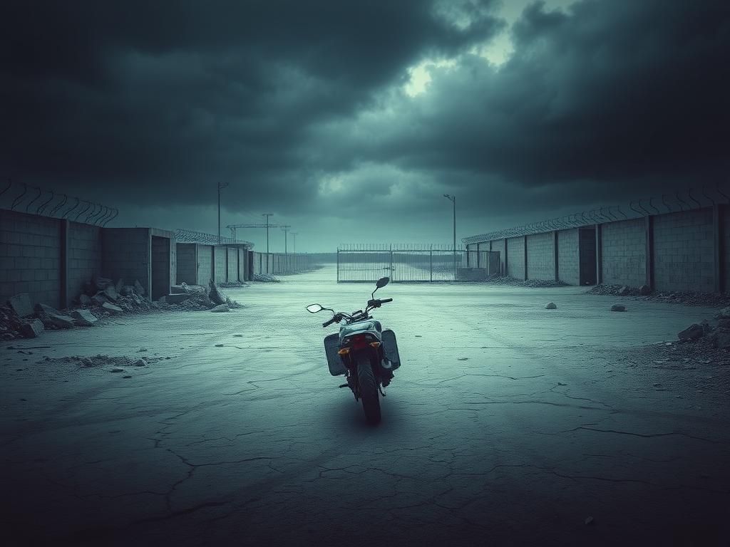 Flick International Abandoned motorcycle on a desolate road symbolizing captivity