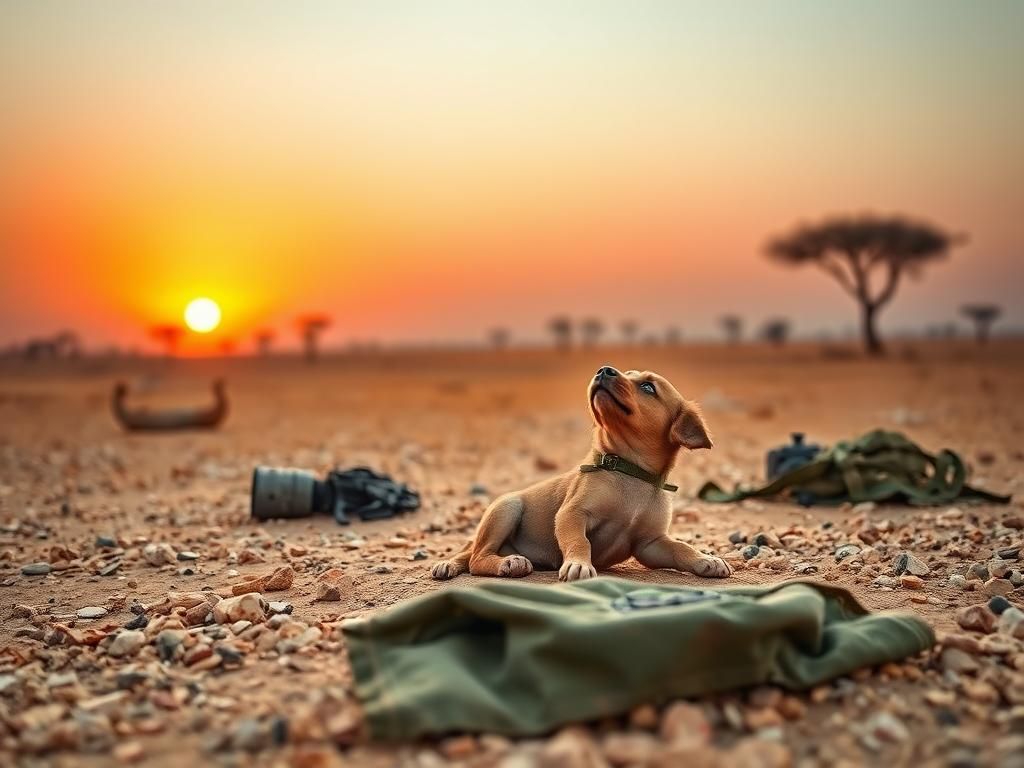 Flick International A small, malnourished puppy named Singo lying on rocky terrain in rural Africa, looking up with hopeful eyes.
