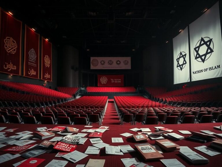 Flick International Empty auditorium with chairs arranged around a stage decorated with Nation of Islam banners