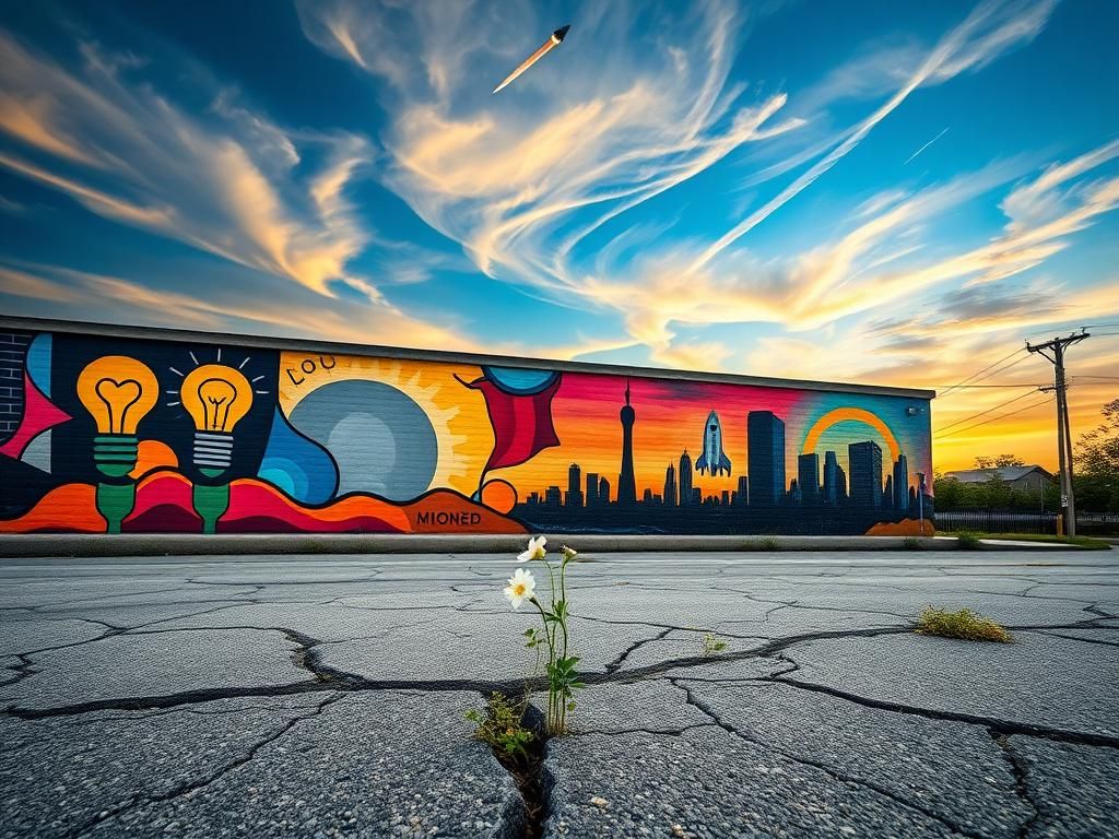 Flick International Vibrant mural symbolizing immigrant contributions with inventions and resilience