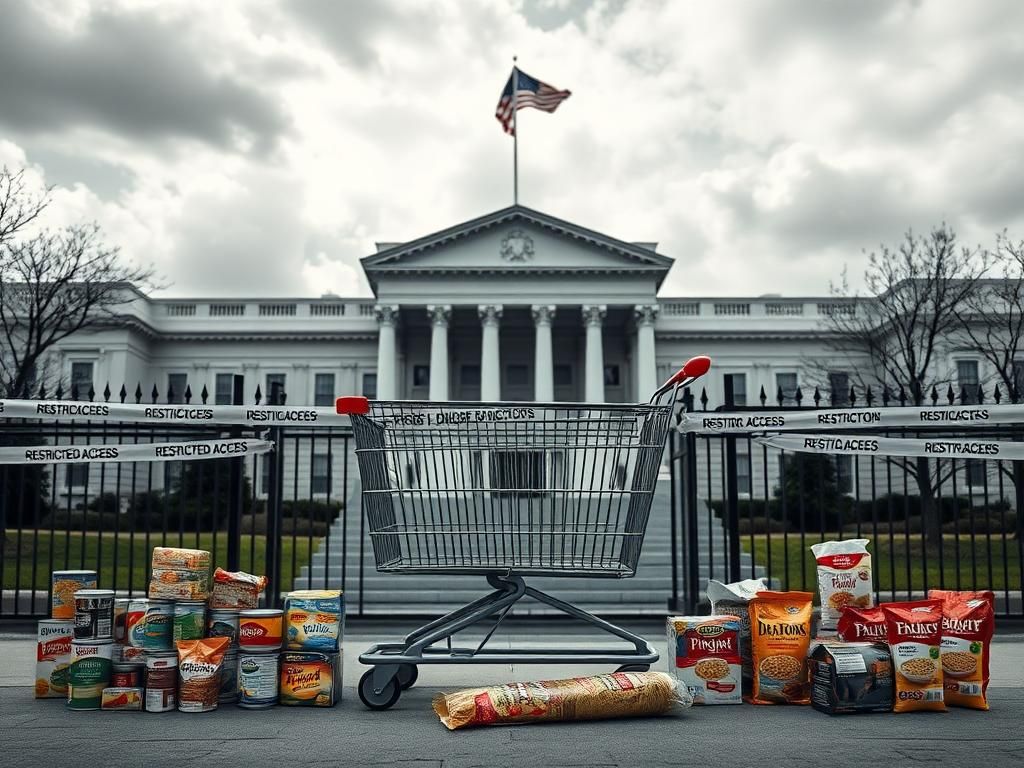 Flick International Empty grocery cart symbolizing food assistance restrictions at a government building