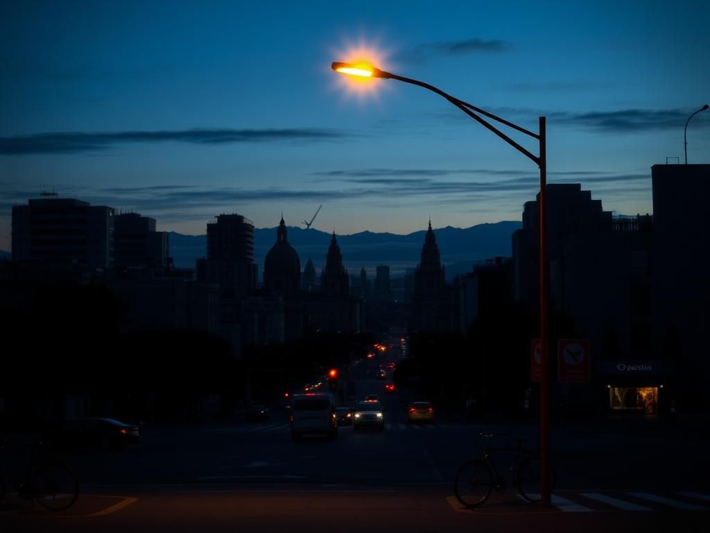 Flick International Dark urban landscape of Santiago, Chile during power outage