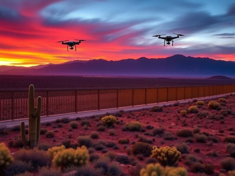 Flick International Panoramic view of the Arizona-Mexico border at dusk with a border wall and rugged desert landscape