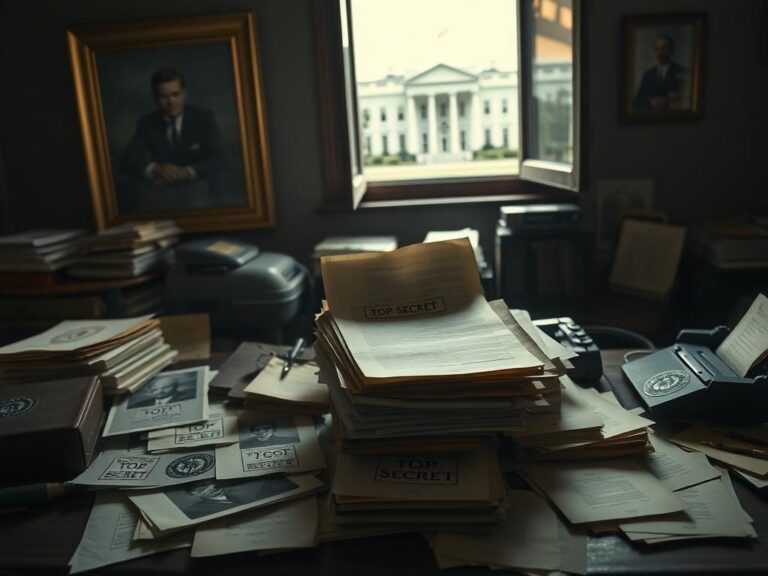 Flick International Vintage desk with papers and an old typewriter symbolizing governmental secrecy