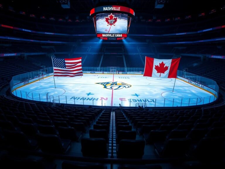 Flick International Dramatic scene at an ice hockey rink showcasing US and Canadian flags amidst a tense atmosphere